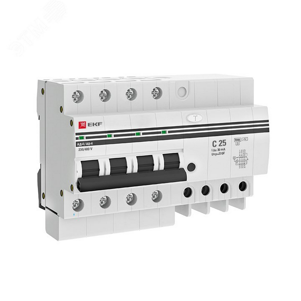 Автоматический выключатель дифференциального тока четырехполюсный EKF PROxima АД-4 С25 АС30 3P+N, ток утечки - 30 мА, переменный, сила тока - 25 А, отключающая способность - 6 кА