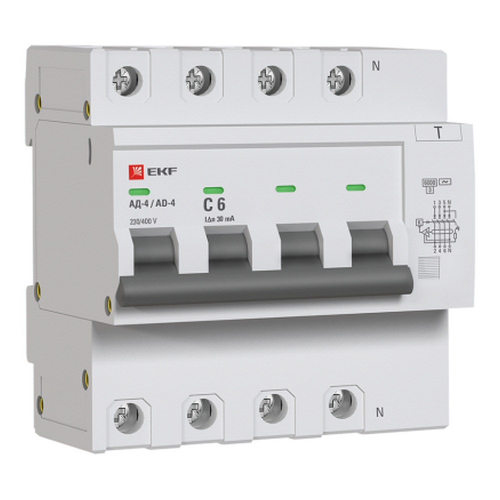 Автоматический выключатель дифференциального тока четырехполюсный EKF PROxima АД-4 С6 АС10 4P, ток утечки - 10 мА, переменный, сила тока - 6 А, отключающая способность - 4.5 кА
