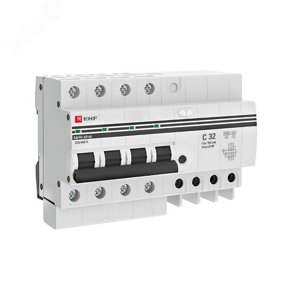 Автоматический выключатель дифференциального тока четырехполюсный EKF PROxima АД-4S С32 АС100 3P+N, ток утечки - 100 мА, переменный, сила тока - 32 А, отключающая способность - 4.5 кА