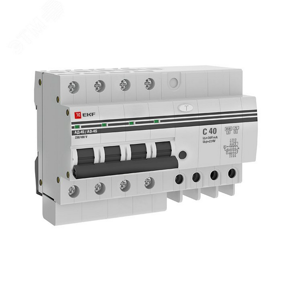 Автоматический выключатель дифференциального тока четырехполюсный EKF PROxima АД-4S С40 АС300 3P+N, ток утечки - 300 мА, переменный, сила тока - 40 А, отключающая способность - 4.5 кА