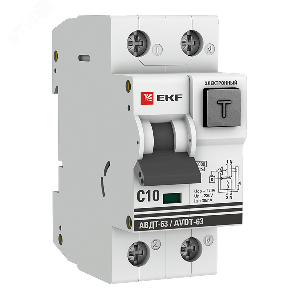 Автоматический выключатель дифференциального тока двухполюсный EKF PROxima АВДТ-63 С10 А30 1P+N электронный, ток утечки - 30 мА, переменный, сила тока - 10 А, отключающая способность - 6 кА