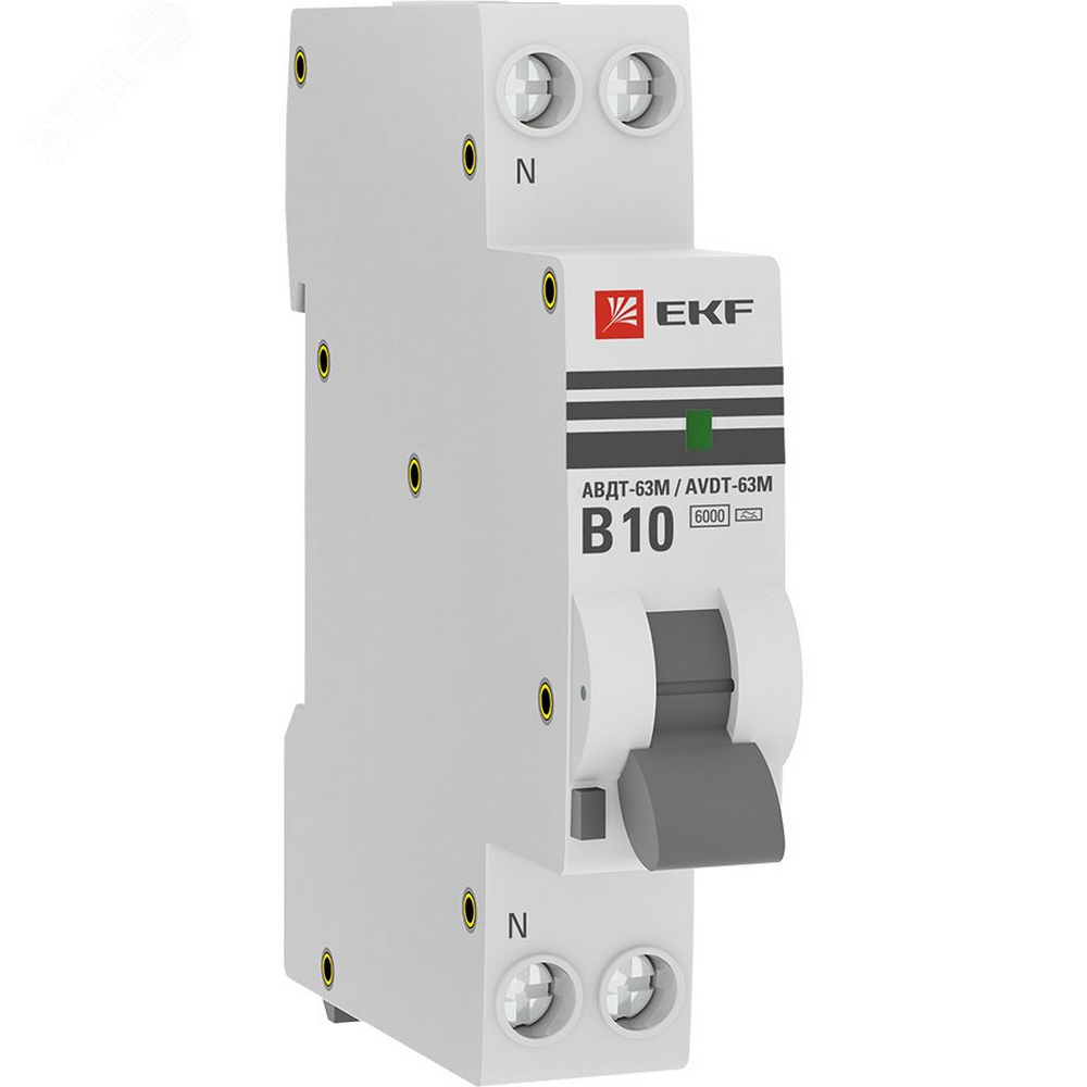 Автоматический выключатель дифференциального тока двухполюсный EKF PROxima АВДТ-63 B10 А30 1P+N электронный одномодульный, ток утечки - 30 мА, переменный, сила тока - 10 А, отключающая способность - 6 кА