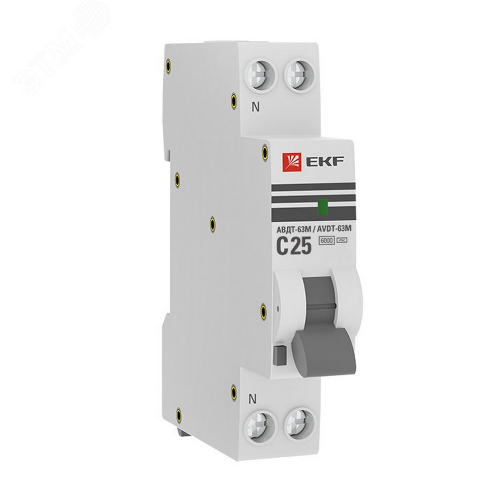 Автоматический выключатель дифференциального тока двухполюсный EKF PROxima АВДТ-63 C25 АC30 1P+N электронный одномодульный, ток утечки - 30 мА, переменный, сила тока - 25 А, отключающая способность - 6 кА