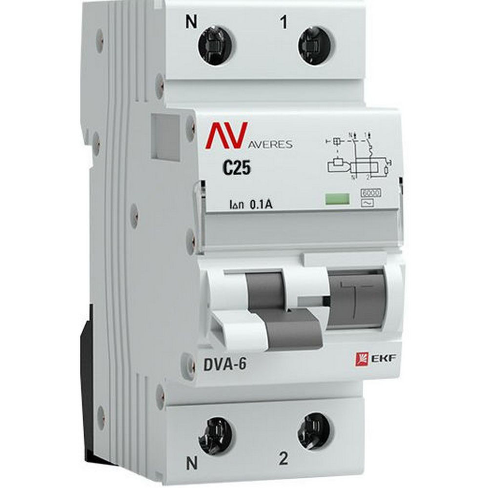 Автоматический выключатель дифференциального тока двухполюсный EKF AVERES DVA-6 1P+N 25 A (C) 100 мА (AC), ток утечки 100 мА, переменный, сила тока 25 A