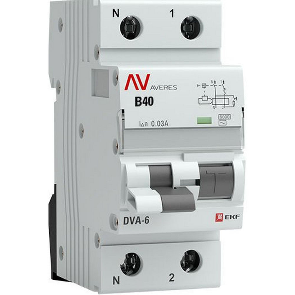 Автоматический выключатель дифференциального тока двухполюсный EKF AVERES DVA-6 1P+N 40 A (B) 30 мА (AC), ток утечки 30 мА, переменный, сила тока 40 A