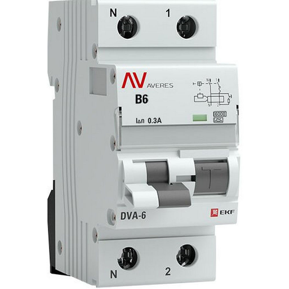 Автоматический выключатель дифференциального тока двухполюсный EKF AVERES DVA-6 1P+N 6 A (B) 300 мА (A), ток утечки 300 мА, переменный, сила тока 6 A