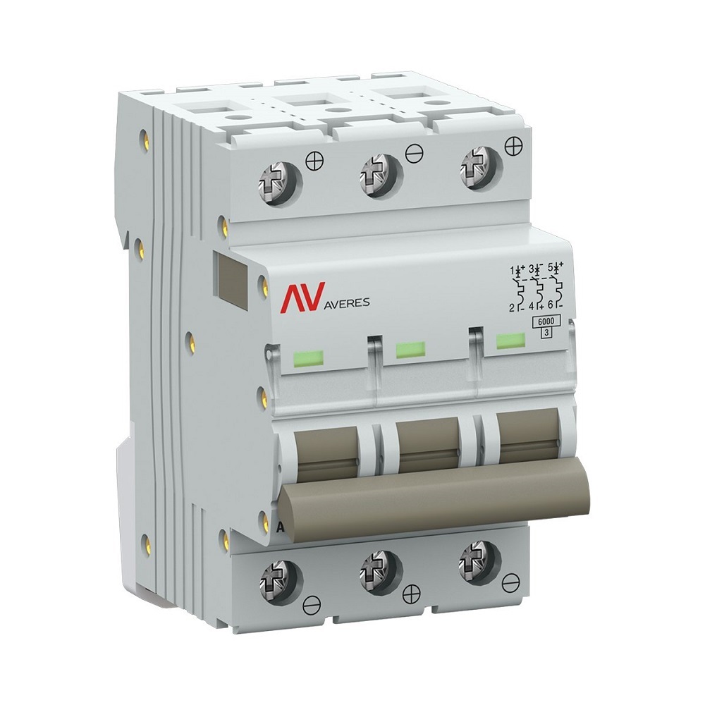 Автоматический выключатель трехполюсный EKF AVERES AV-6 DC 3P 63A (C) 6кА, сила тока 63 A, тип расцепления C, отключающая способность 6 кА