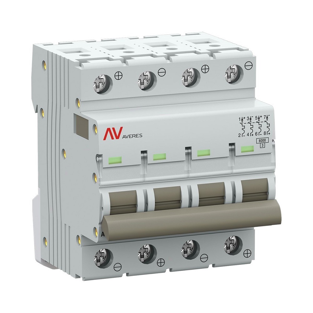 Автоматический выключатель четырехполюсный EKF AVERES AV-6 DC 4P 10A (C) 6кА, сила тока 10 A, тип расцепления C, отключающая способность 6 кА