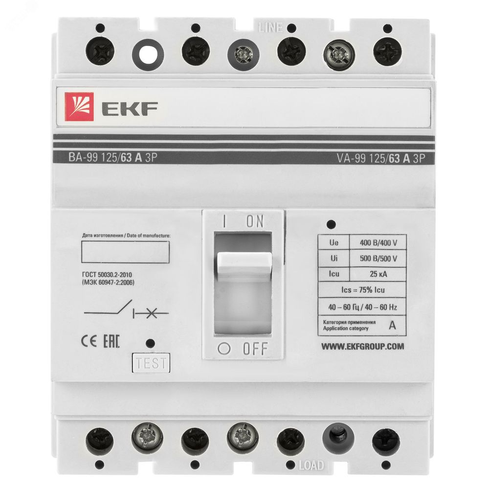 Автоматический выключатель четырехполюсный EKF ВА-99 125/63А 4P отключающая способность 25кА