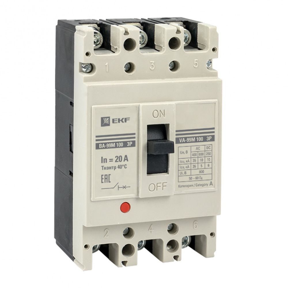 Автоматический выключатель трехполюсный EKF PROxima ВА-99М 3Р 100/40А, сила тока 40А, отключающая способность 35 кА