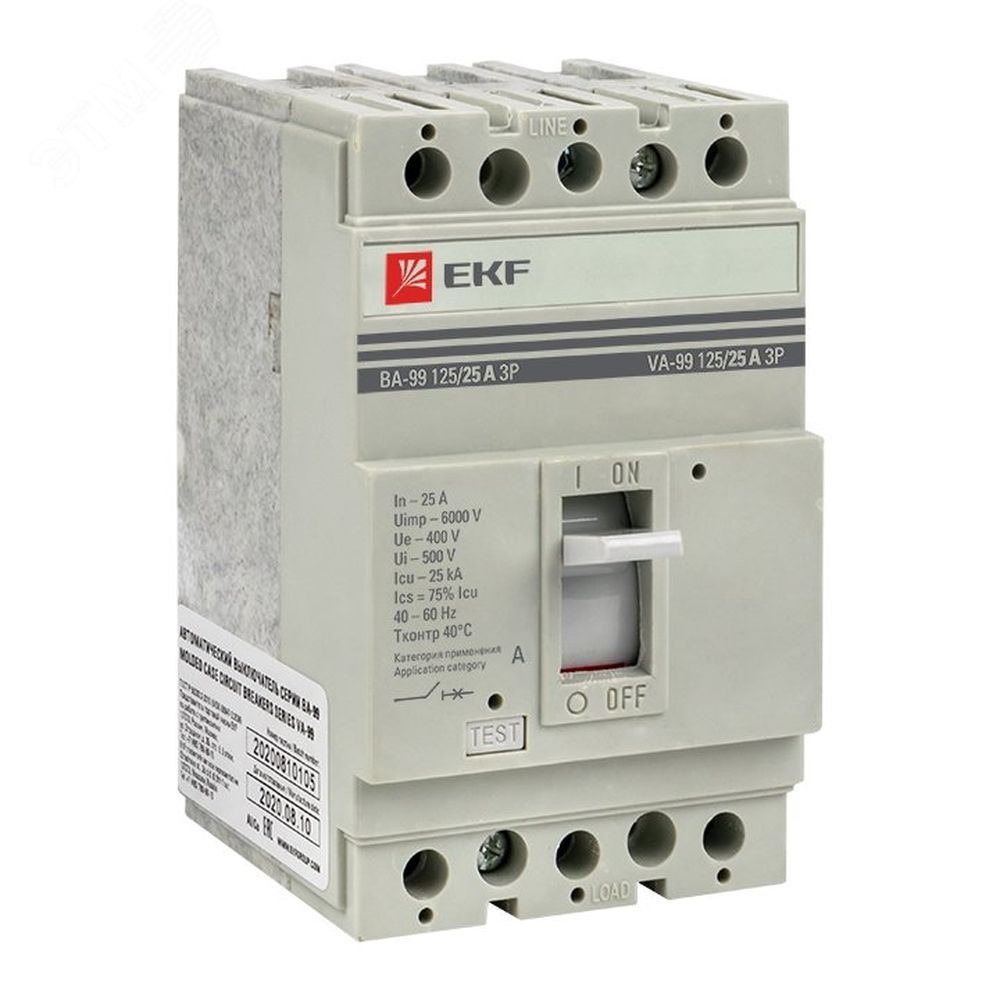 Автоматический выключатель трехполюсный EKF PROxima ВА-99 3P 125/50А, сила тока 50А, отключающая способность 25кА
