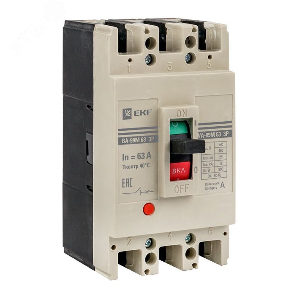 Автоматический выключатель трехполюсный EKF Вasic ВА-99М 3Р 63/100А, сила тока 100А, отключающая способность 15 кА