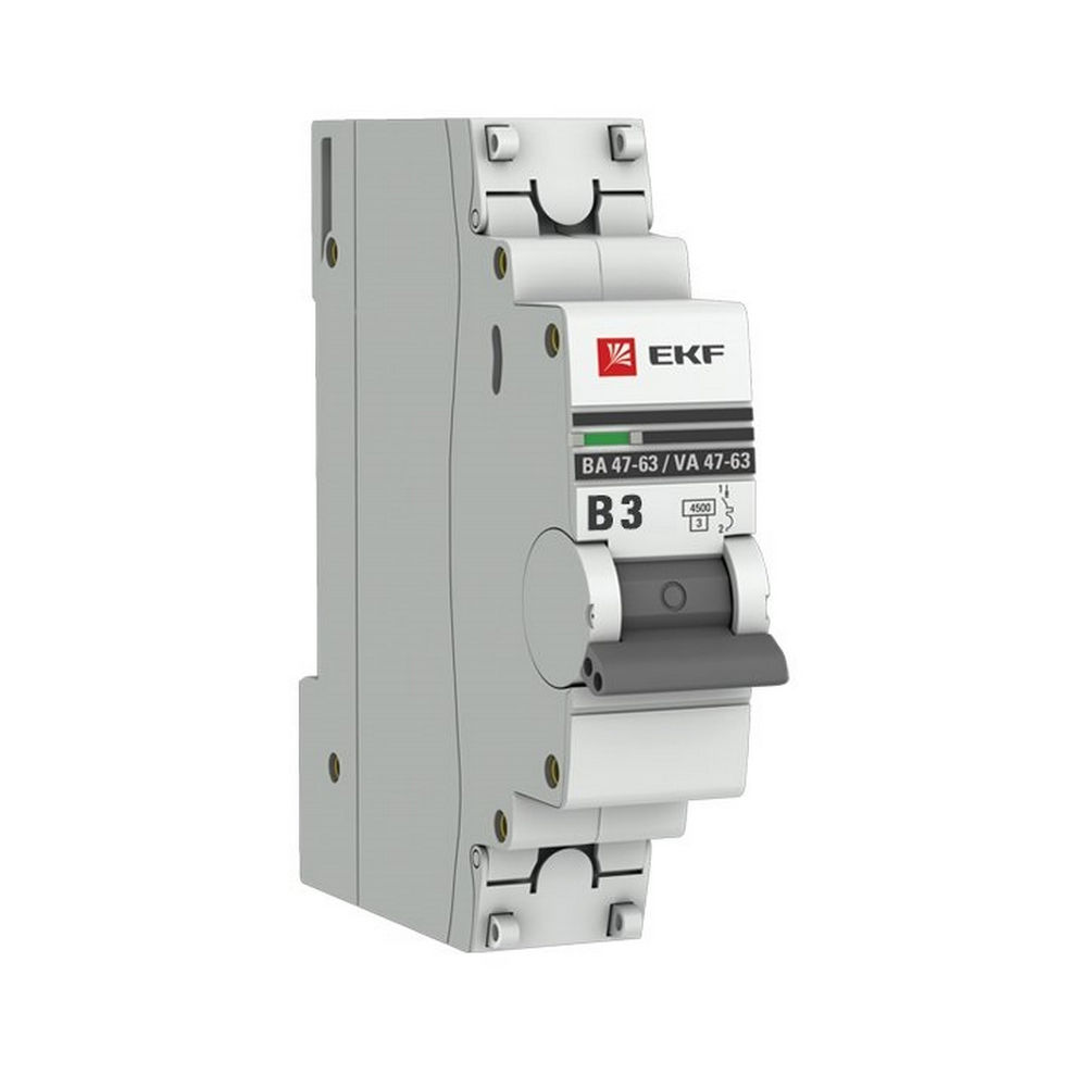 Автоматический выключатель однополюсный EKF PROxima ВА47-63 1P 3A (B) 4.5кА, сила тока 3 A, тип расцепления B, отключающая способность 4.5 кА