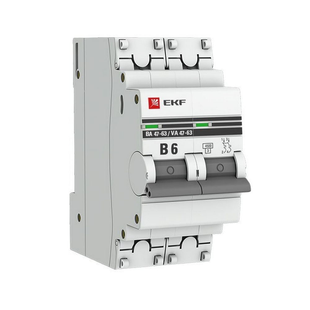 Автоматический выключатель двухполюсный EKF PROxima ВА47-63 2P 6A (B) 4.5кА, сила тока 6 A, тип расцепления B, отключающая способность 4.5 кА