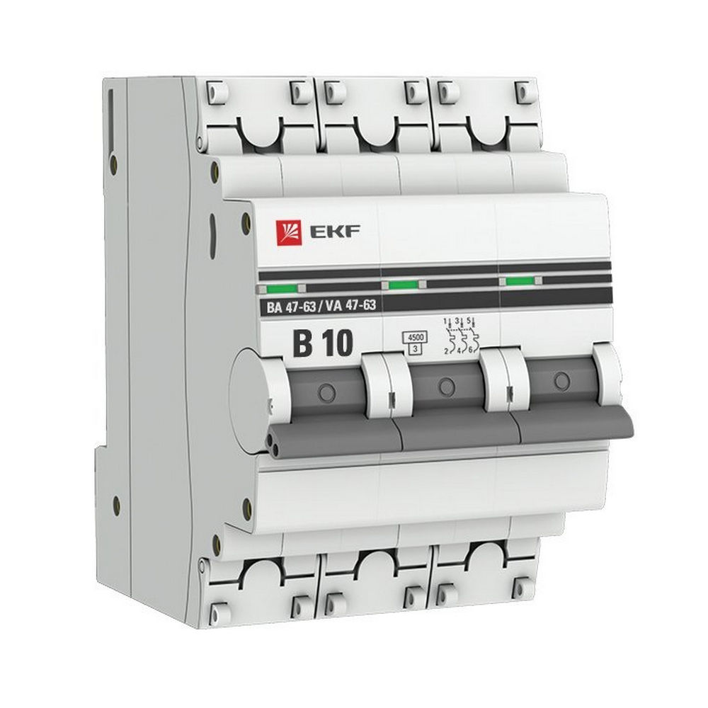 Автоматический выключатель трехполюсный EKF PROxima ВА47-63 3P 10A (B) 4.5кА, сила тока 10 A, тип расцепления B, отключающая способность 4.5 кА
