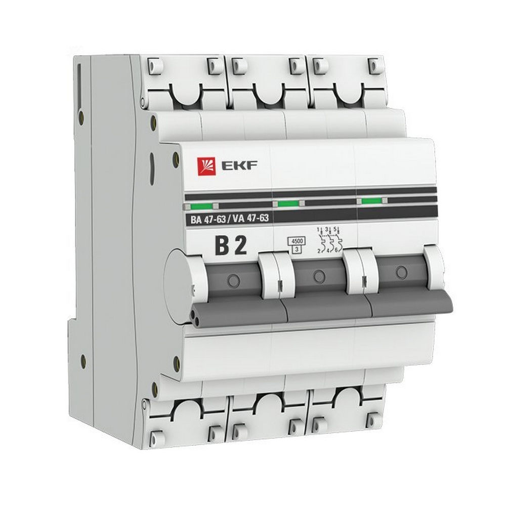 Автоматический выключатель трехполюсный EKF PROxima ВА47-63 3P 2A (B) 4.5кА, сила тока 2 A, тип расцепления B, отключающая способность 4.5 кА