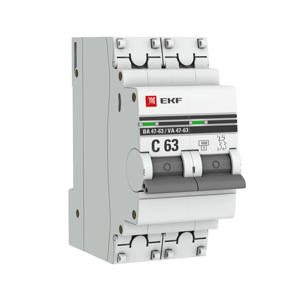 Автоматический выключатель двухполюсный EKF PROxima ВА47-63 2P 1A (D) 4.5кА, сила тока 1 A, тип расцепления D, отключающая способность 4.5 кА