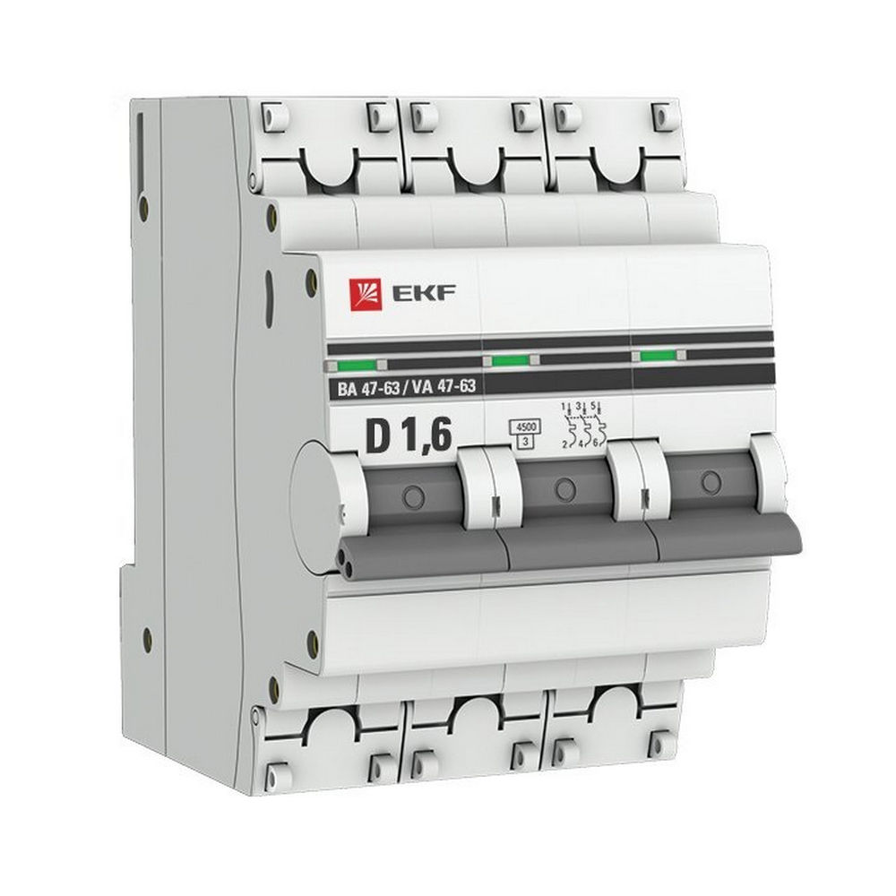 Автоматический выключатель трехполюсный EKF PROxima ВА47-63 3P 1.6A (D) 4.5кА, сила тока 1.6 A, тип расцепления D, отключающая способность 4.5 кА