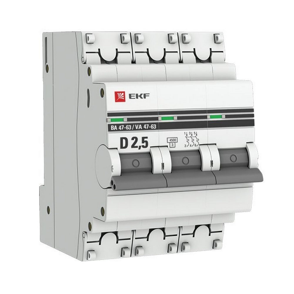 Автоматический выключатель трехполюсный EKF PROxima ВА47-63 3P 2.5A (D) 4.5кА, сила тока 2.5 A, тип расцепления D, отключающая способность 4.5 кА