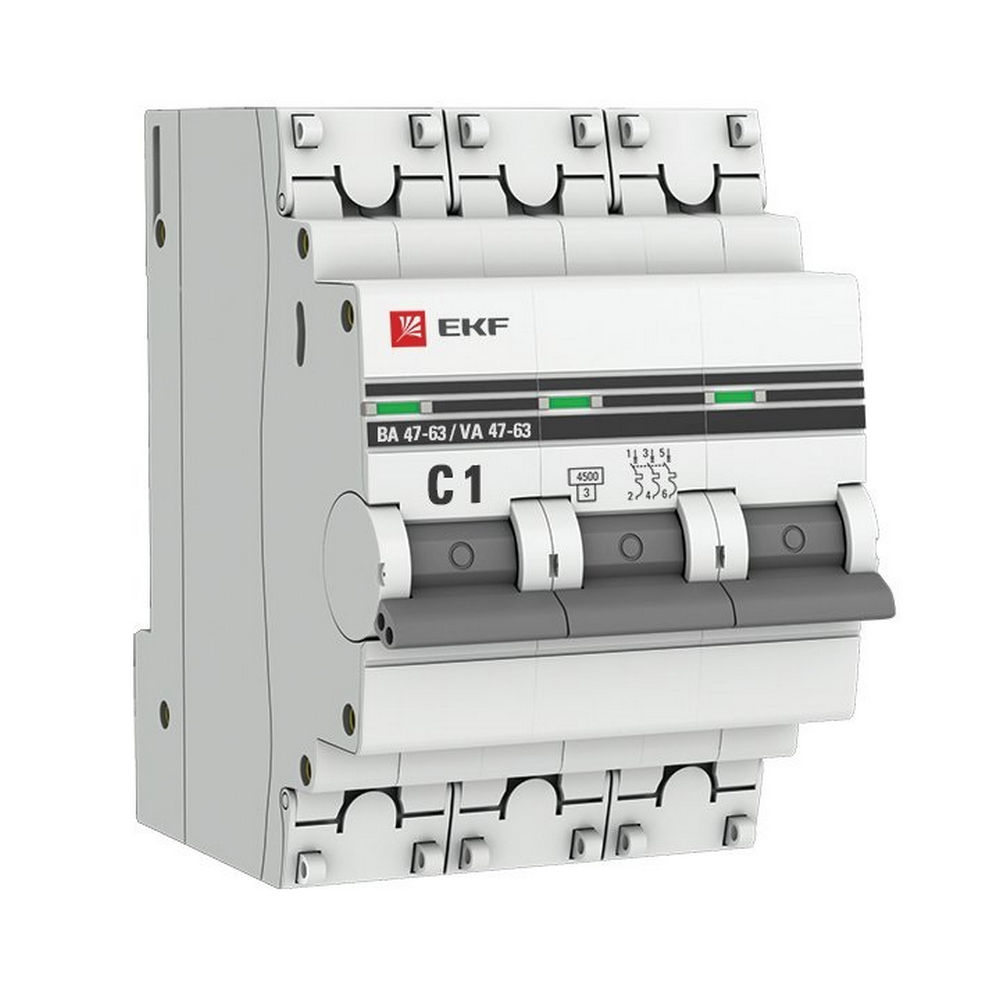 Автоматический выключатель трехполюсный EKF PROxima ВА47-63 3P 1A (C) 4.5кА, сила тока 1 A, тип расцепления C, отключающая способность 4.5 кА