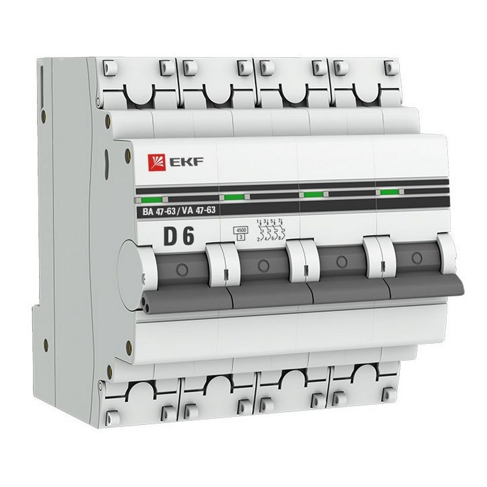 Автоматический выключатель четырехполюсный EKF PROxima ВА47-63 4P 6A (D) 4.5кА, сила тока 6 A, тип расцепления D, отключающая способность 4.5 кА