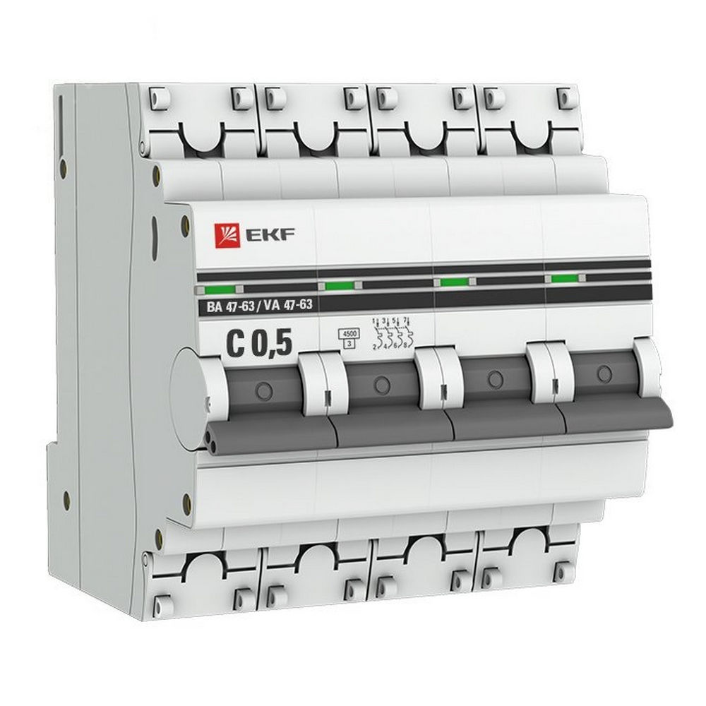 Автоматический выключатель четырехполюсный EKF PROxima ВА47-63 4P 0.5A (C) 4.5кА, сила тока 0.5 A, тип расцепления C, отключающая способность 4.5 кА
