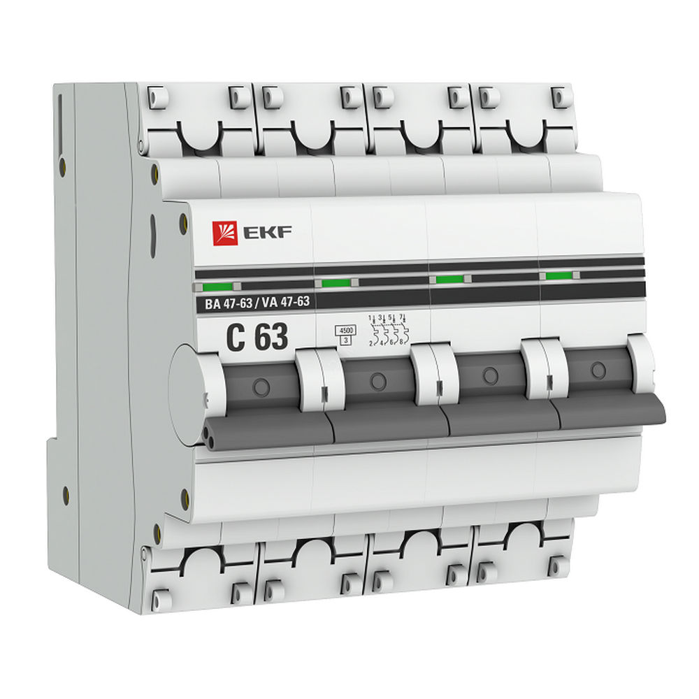 Автоматический выключатель четырехполюсный EKF PROxima ВА47-63 4P 63A (C) 4.5кА, сила тока 63 A, тип расцепления C, отключающая способность 4.5 кА