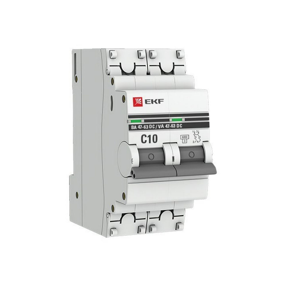 Автоматический выключатель двухполюсный EKF PROxima BA47-63 DC 2P 10A (C) 6кА, сила тока 10 A, тип расцепления C, отключающая способность 6 кА