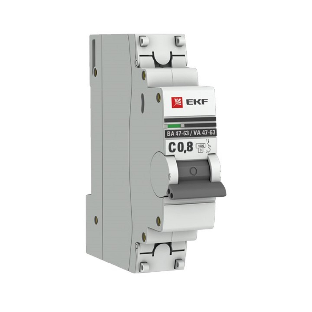 Автоматический выключатель однополюсный EKF PROxima ВА47-63 1P 0.8A (C) 4.5кА, сила тока 0.8 A, тип расцепления C, отключающая способность 4.5 кА