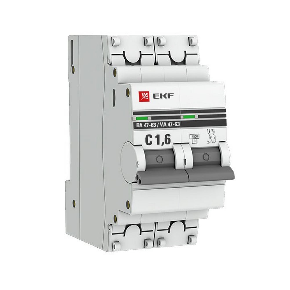Автоматический выключатель двухполюсный EKF PROxima ВА47-63 2P 1.6A (C) 4.5кА, сила тока 1.6 A, тип расцепления C, отключающая способность 4.5 кА