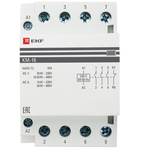 Контакторы модульные EKF KM-3-16 4NO, 3-4 полюса, 3 модуля, рабочий ток 16А AC