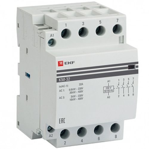 Контакторы модульные EKF KM-3-32 3NO+1NC, 3-4 полюса, 3 модуля, рабочий ток 32А AC