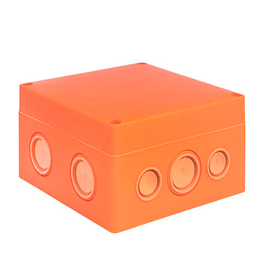 Коробка распределительная EKF КМРФ-126-804 126х126х74 мм огнестойкая, корпус – пластик, 8 клеммных колодок, сечение 0.5-4 мм.кв., 12 вводов, IP66, цвет – оранжевый