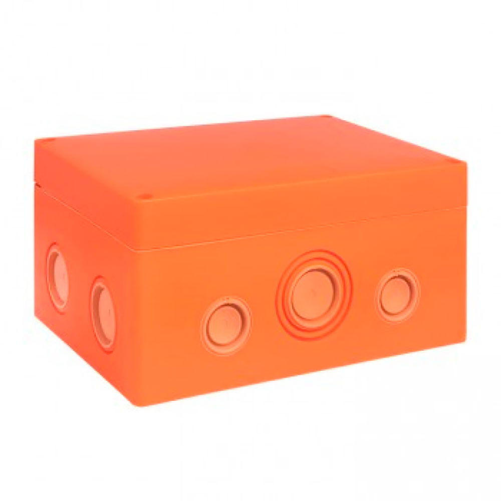 Коробка распределительная EKF КМРФ-176-516 176х126х74 мм огнестойкая, корпус – пластик, 5 клеммных колодок, сечение 1.5-16 мм.кв., 12 вводов, IP66, цвет – оранжевый