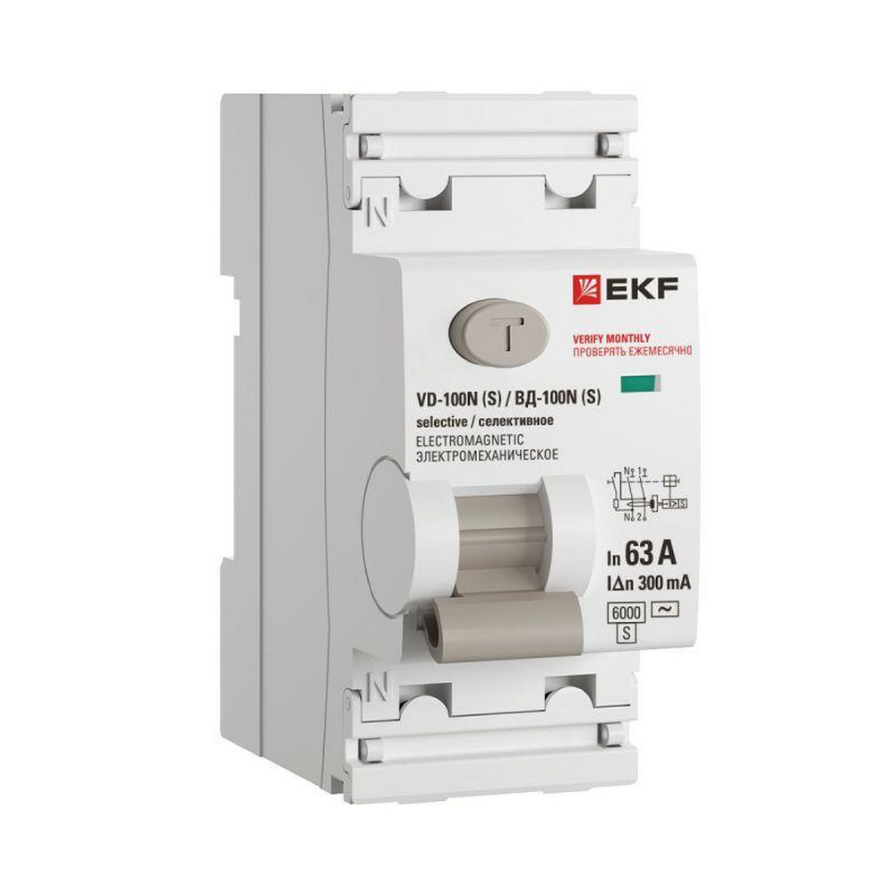 Автоматический выключатель дифференциального тока двухполюсный EKF PROxima ВД-100N(S) 2P 63А АС300, ток утечки 300 мА, сила тока 63 А