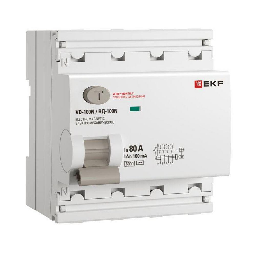Автоматический выключатель дифференциального тока четырехполюсный EKF PROxima ВД-100N 4P 80А АС100, ток утечки 100 мА, сила тока 80 А