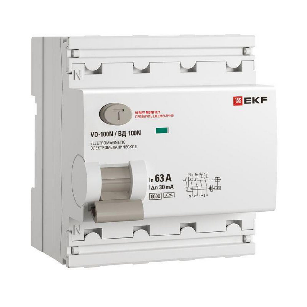 Автоматический выключатель дифференциального тока четырехполюсный EKF PROxima ВД-100N 4P 63А А30, ток утечки 30 мА, сила тока 63 А