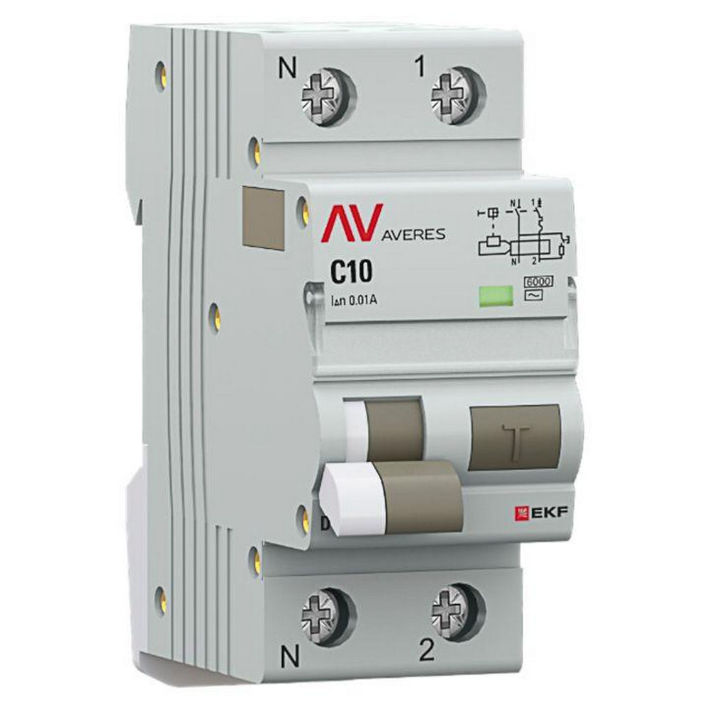 Автоматический выключатель дифференциального тока двухполюсный EKF AVERES DVA-6 2P (1P+N) (C) 10А АС10, ток утечки 10 мА, переменный, сила тока 10 А