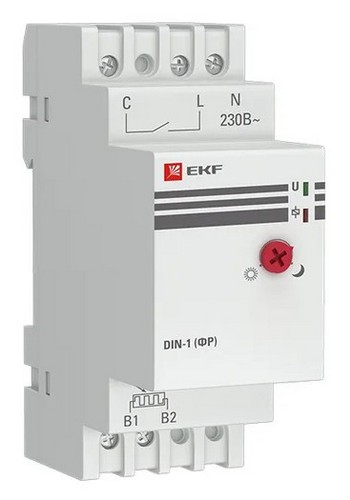 Фотореле EKF PROxima DIN-1, диапазон регулировки освещенности 2-100Лк, 3000Вт, с выносным датчиком, цвет - белый, для автоматического контроля освещения