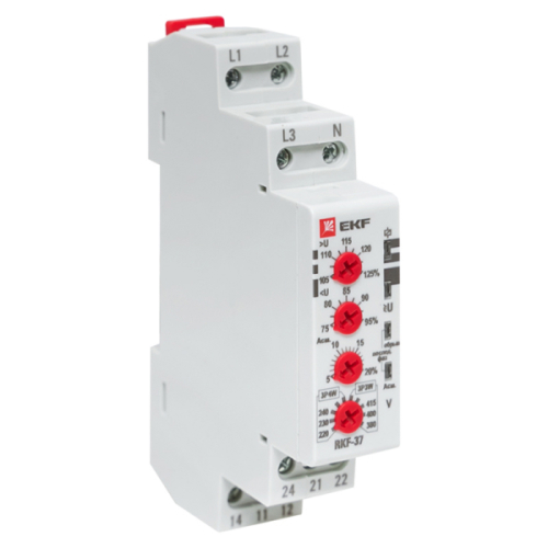 Реле контроля фаз EKF PROxima RKF-37 280-520 В автоматические, номинальный ток 8 А, количество переключающих контактов - 2