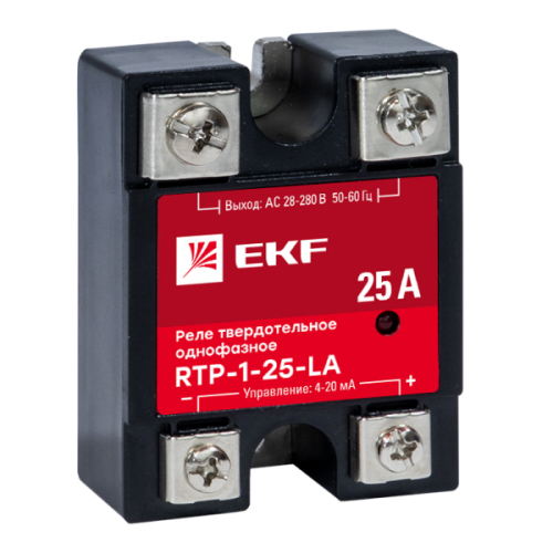 Реле твердотельные однофазные EKF PROxima RTP LA, номинальный ток 25-80 А, рабочее напряжение 24-280В, напряжение цепи управления 4-20 мА