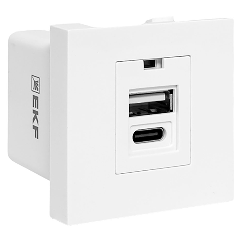 Розетка EKF C-Line USB А+С 45х45 2 модуля, 2 гнезда, материал – PC-ABS, без индикатора, 2.1А, 5В, IP20, цвет – белый