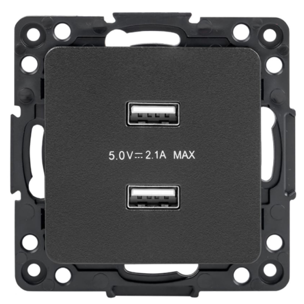 Розетка EKF Стокгольм 2-местная, USB 2.1А, механизм, способ монтажа - скрытый, цвет - черный
