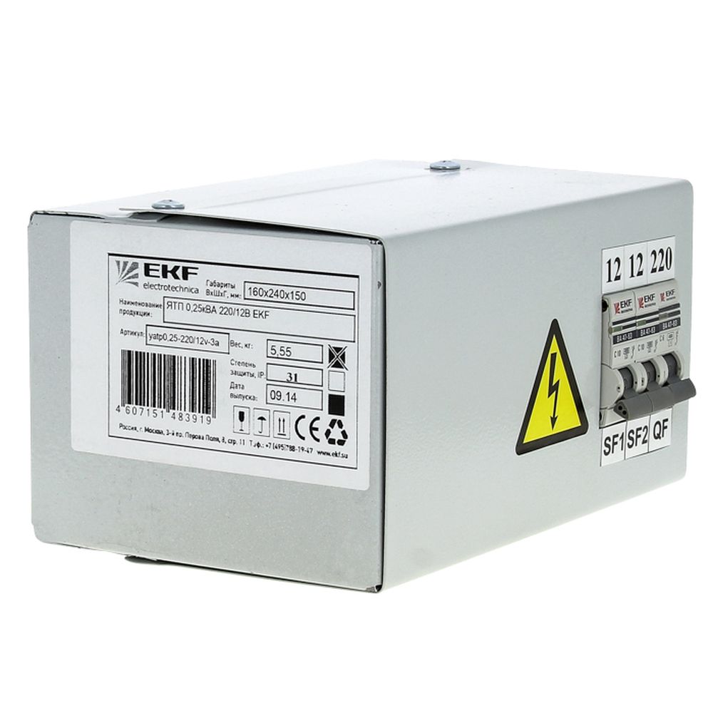 Ящик с понижающим трансформатором EKF Basic ЯТП 220/12В с 3 автоматами, мощность 0.25кВА, напряжение 12В, IP31, цвет - RAL-7035