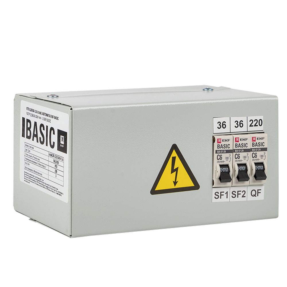 Ящик с понижающим трансформатором EKF Basic ЯТП 220/36В с 3 автоматами, мощность 0.25кВА, напряжение 36В, IP31, цвет - RAL-7035