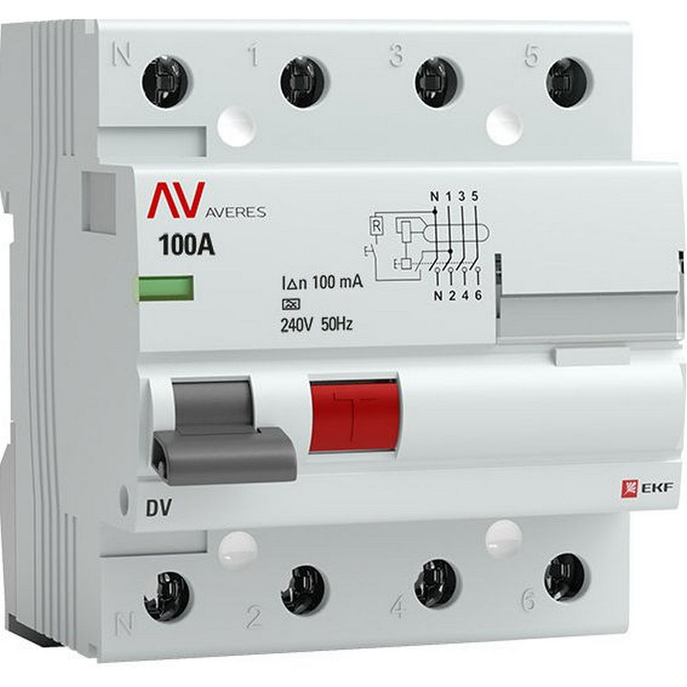 УЗО четырехполюсное EKF AVERES DV 4P 100 A 100 мА (A), электромеханическое,ток утечки 100 мА, переменный, сила тока 100 A