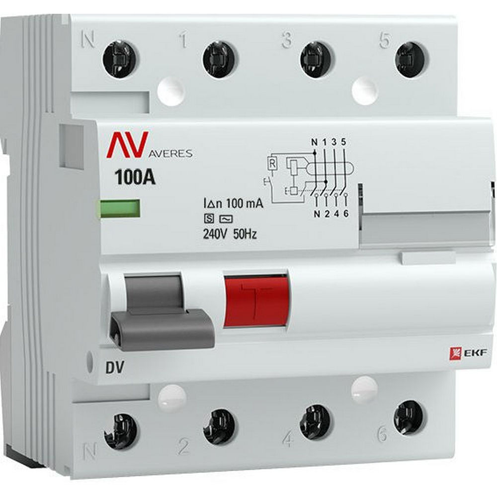 УЗО четырехполюсное EKF AVERES DV 4P 100 A 100 мА (AC-S), электромеханическое,ток утечки 100 мА, переменный, сила тока 100 A