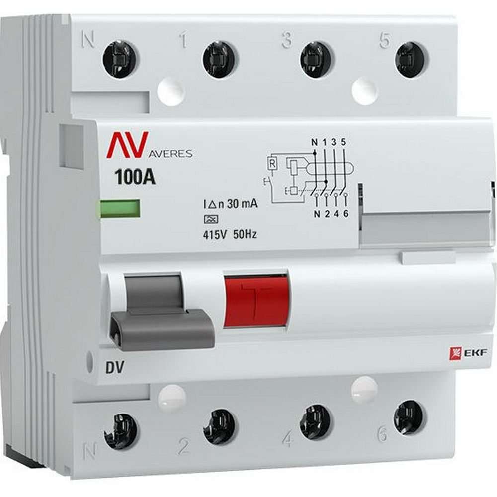 УЗО четырехполюсное EKF AVERES DV 4P 100 A 30 мА (A), электромеханическое,ток утечки 30 мА, переменный, сила тока 100 A