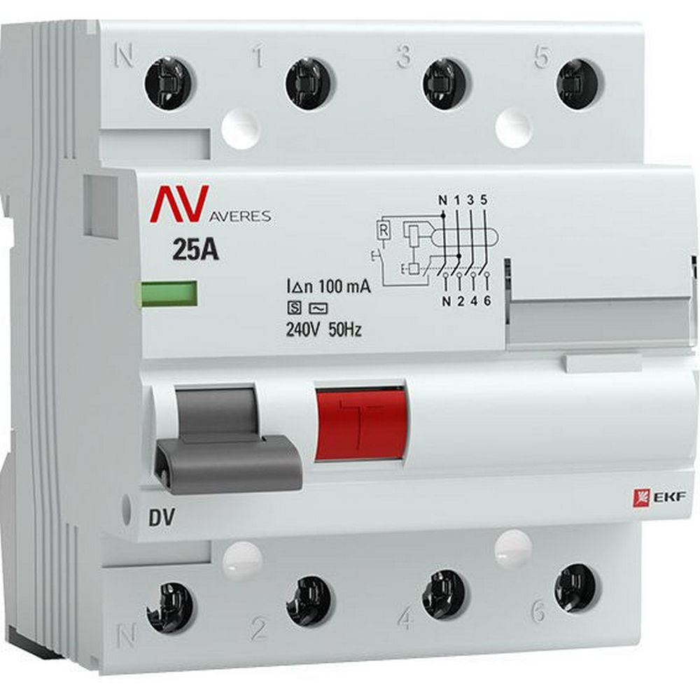 УЗО четырехполюсное EKF AVERES DV 4P 25 A 100 мА (AC-S), электромеханическое,ток утечки 100 мА, переменный, сила тока 25 A