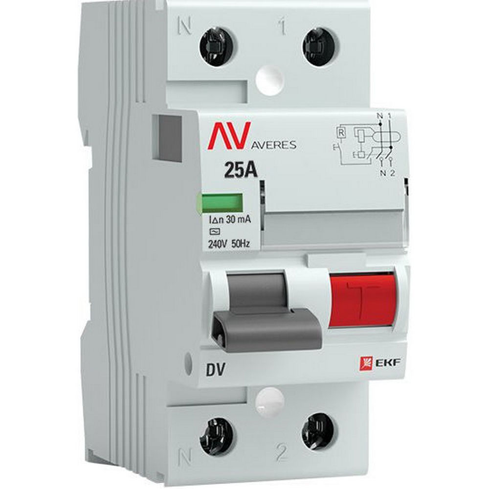 УЗО двухполюсное EKF AVERES DV 2P 25 A 30 мА (AC), электромеханическое,ток утечки 30 мА, переменный, сила тока 25 A